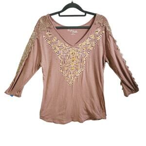 High Fifth Women's XL Long Sleeve Top Boho Lace Trim Brown Earthy Hippie Mature